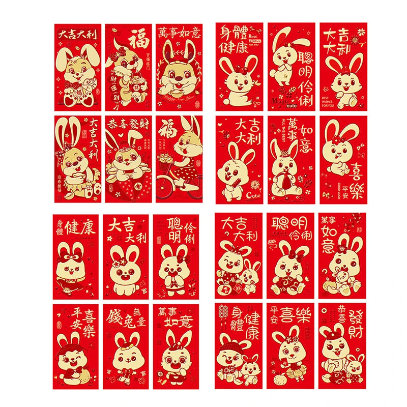 6PCS Chinese Rabbit Year Hongbao Red Envelope Childrens Gift Money Bag