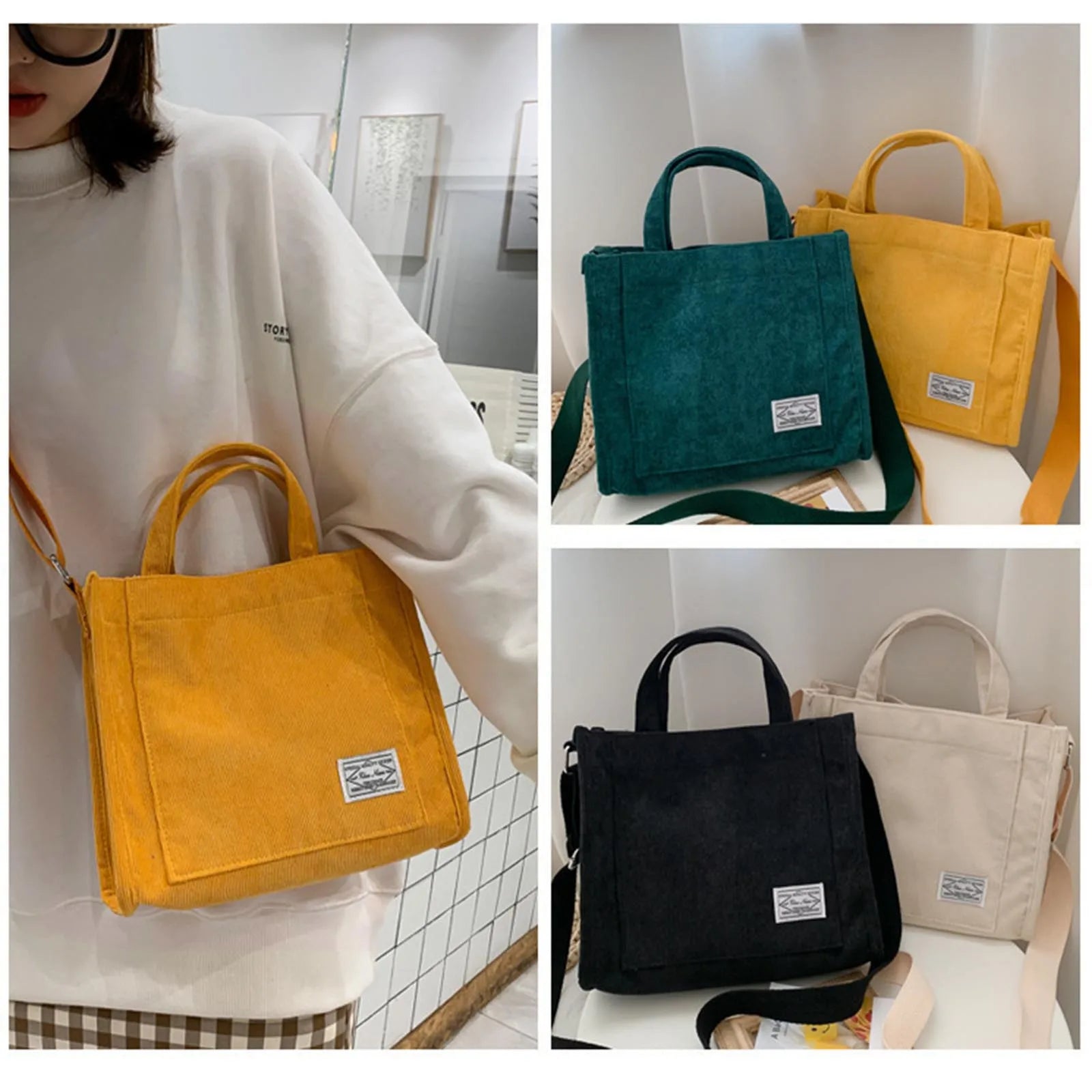 Women Corduroy Travel Tote Purse Cross-body Shoulder Bag