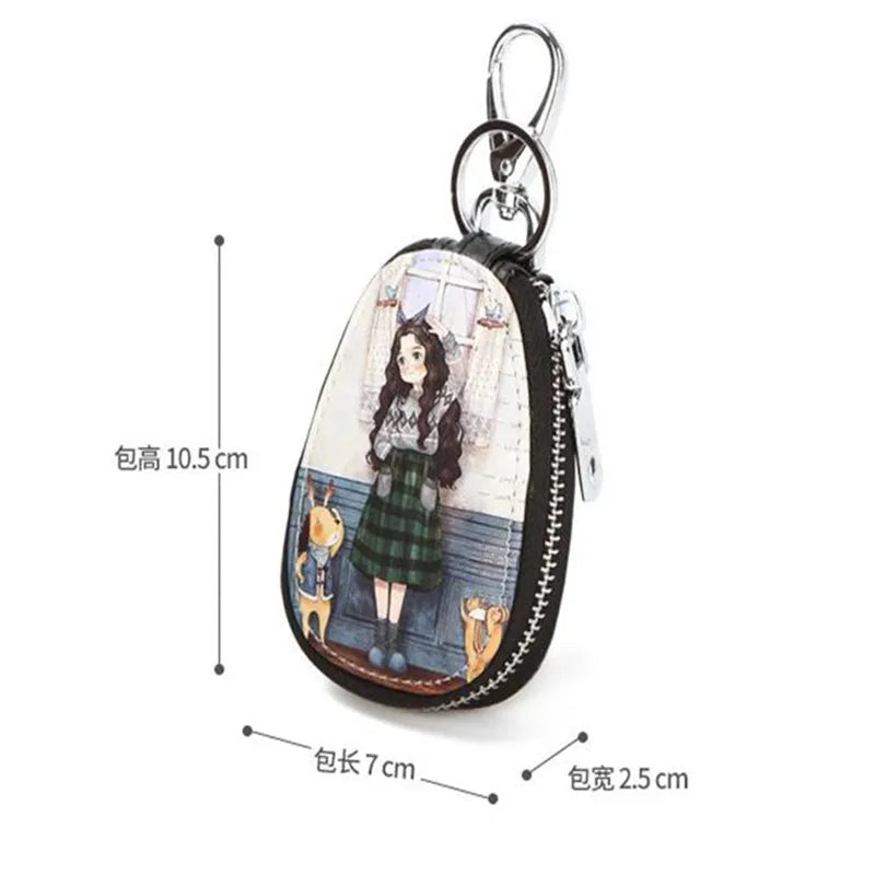 Women's Painted PU Leather Key Wallet with Keychain Pouch