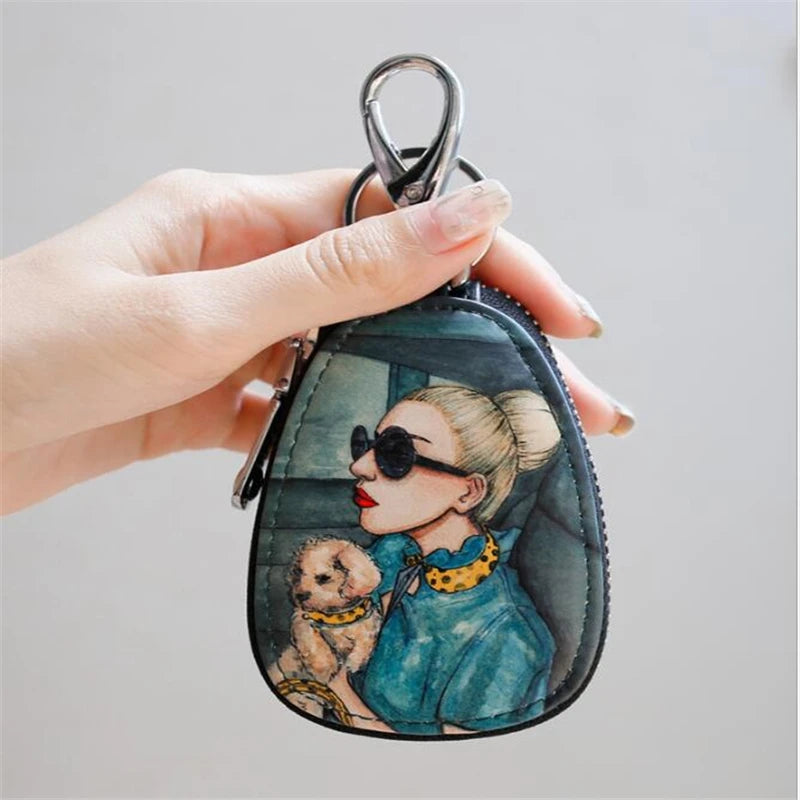 Women's Painted PU Leather Key Wallet with Keychain Pouch
