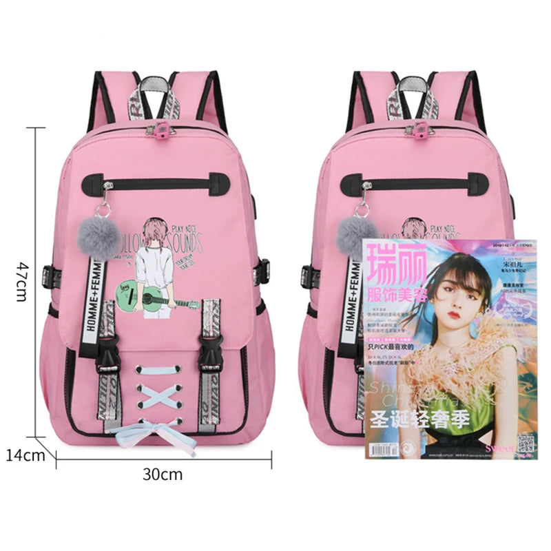 Pink Canvas Backpack Women School Bags Rucksack Large Capacity Bookbags