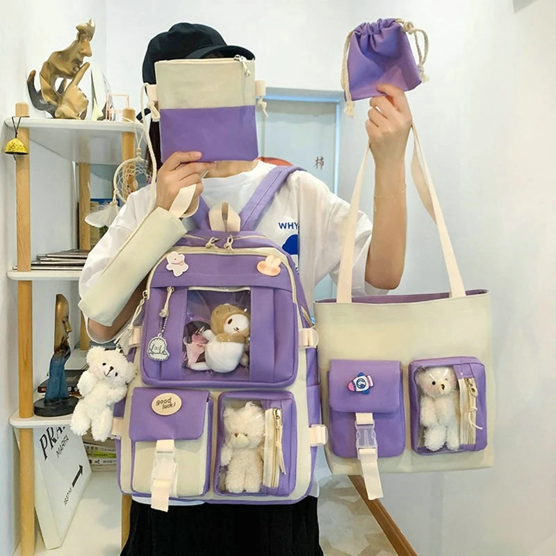 5-Piece Women Backpack School Bag Girls Large Capacity Knapsack