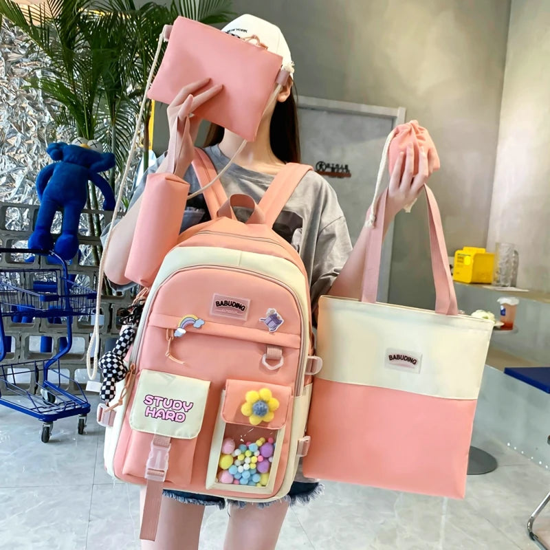 5 Piece Women Backpack School Bag Girls Large Capacity