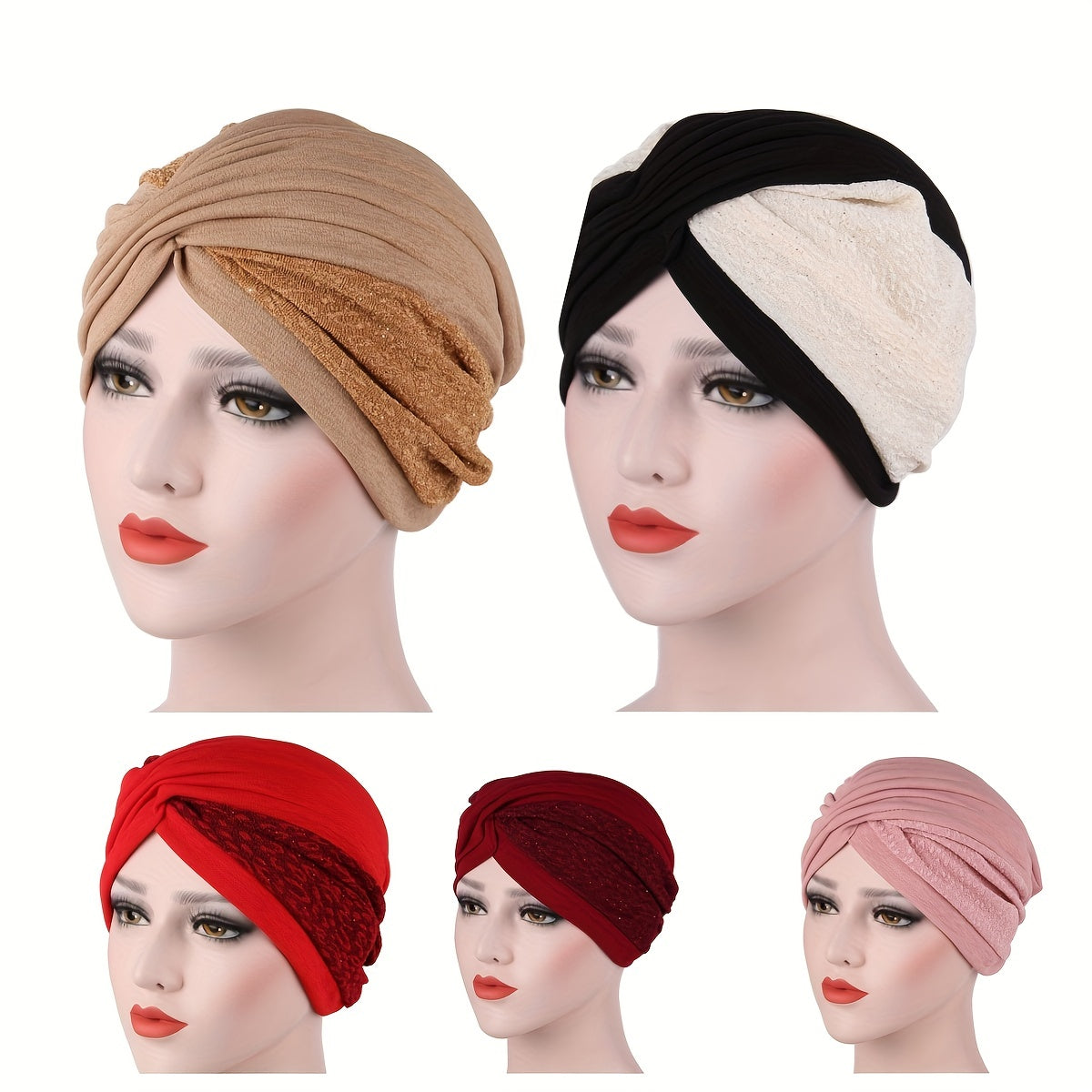 Block Stitching Turban Cap Lace Pleated Head Wrap