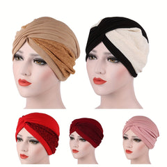 Block Stitching Turban Cap Lace Pleated Head Wrap