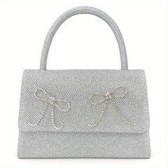 Rhinestone Bow Chain Satchel Bag Textured PU Flap Celebrity Evening Bag