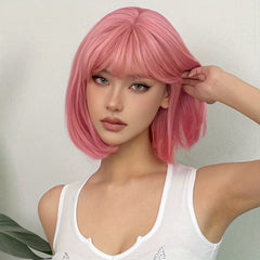 Brown Short Straight Hair Wigs With Bangs Synthetic Fiber Women's Wigs