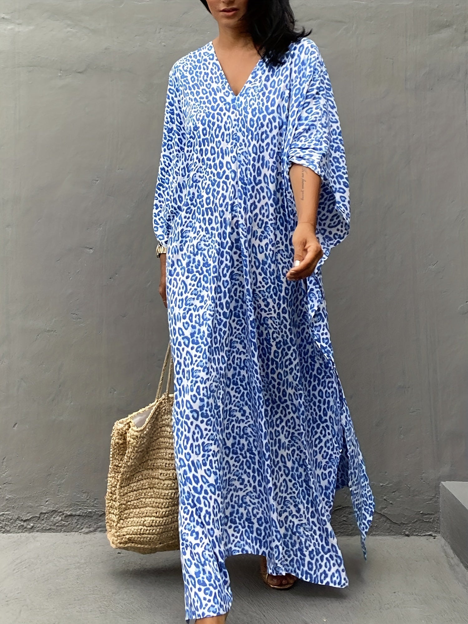  Leopard Print V Neck Maxi Beach Cover Up