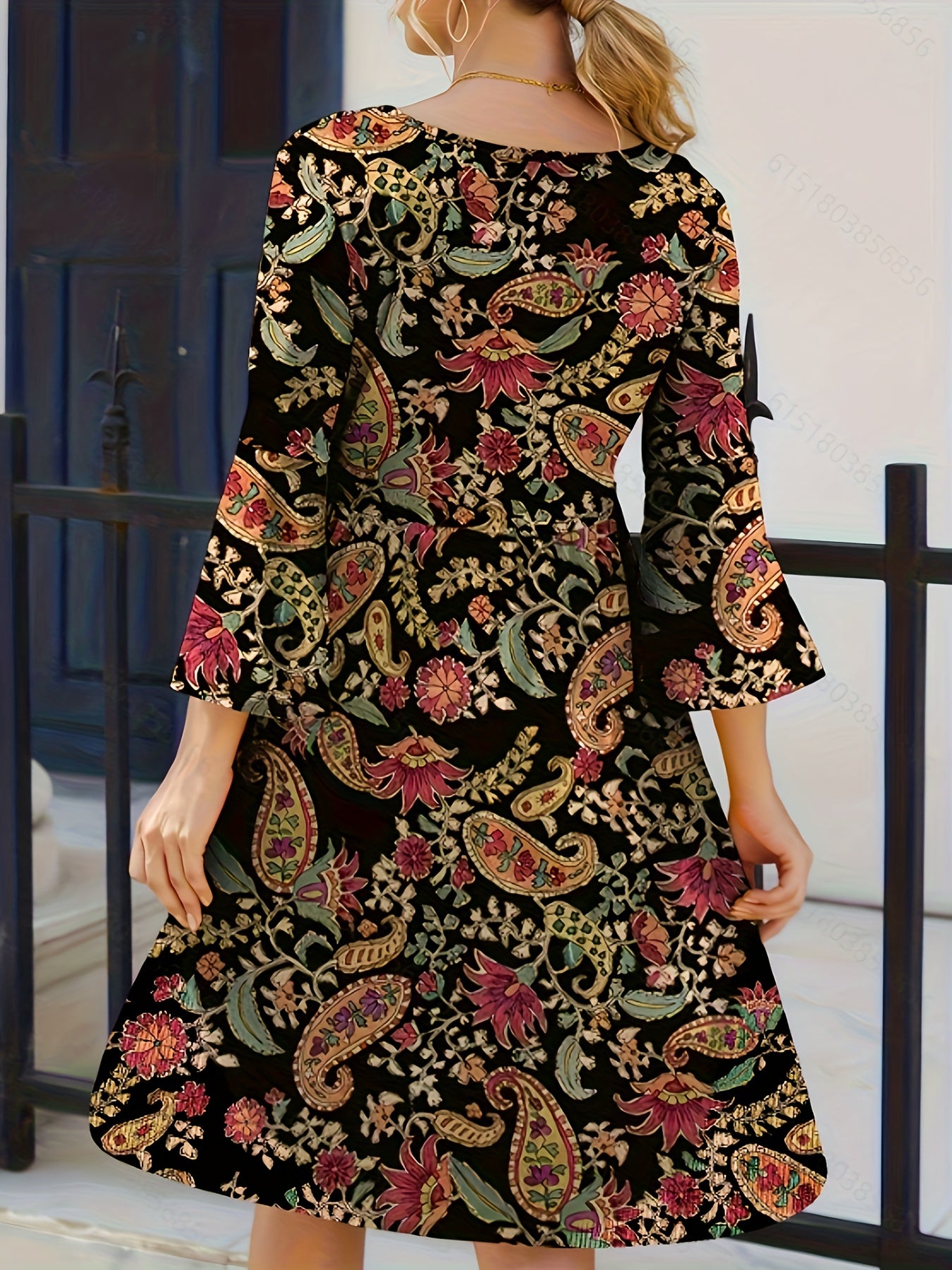  Paisley Floral Print Long Sleeve Boho Dress