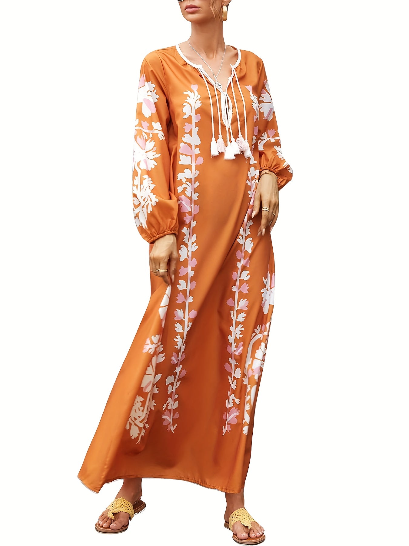 Women's Plus Floral Print Kaftan Maxi Dress with Tassel Detail