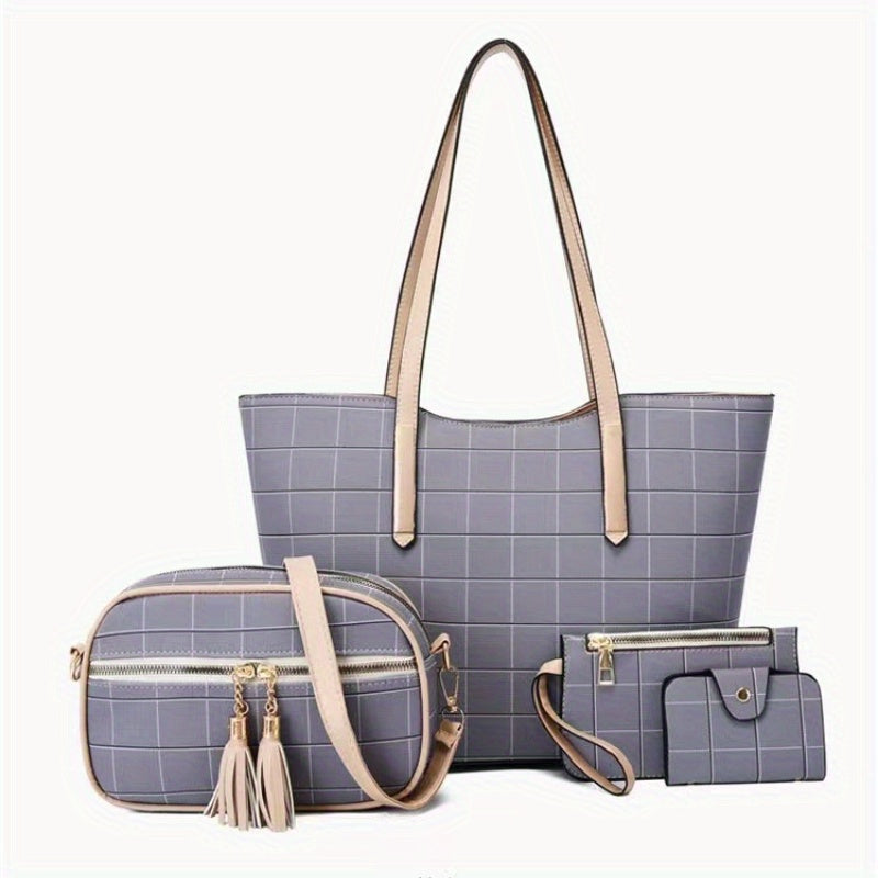 4Pcs Grid Pattern Tote Bag Set with Tassel Crossbody Bag