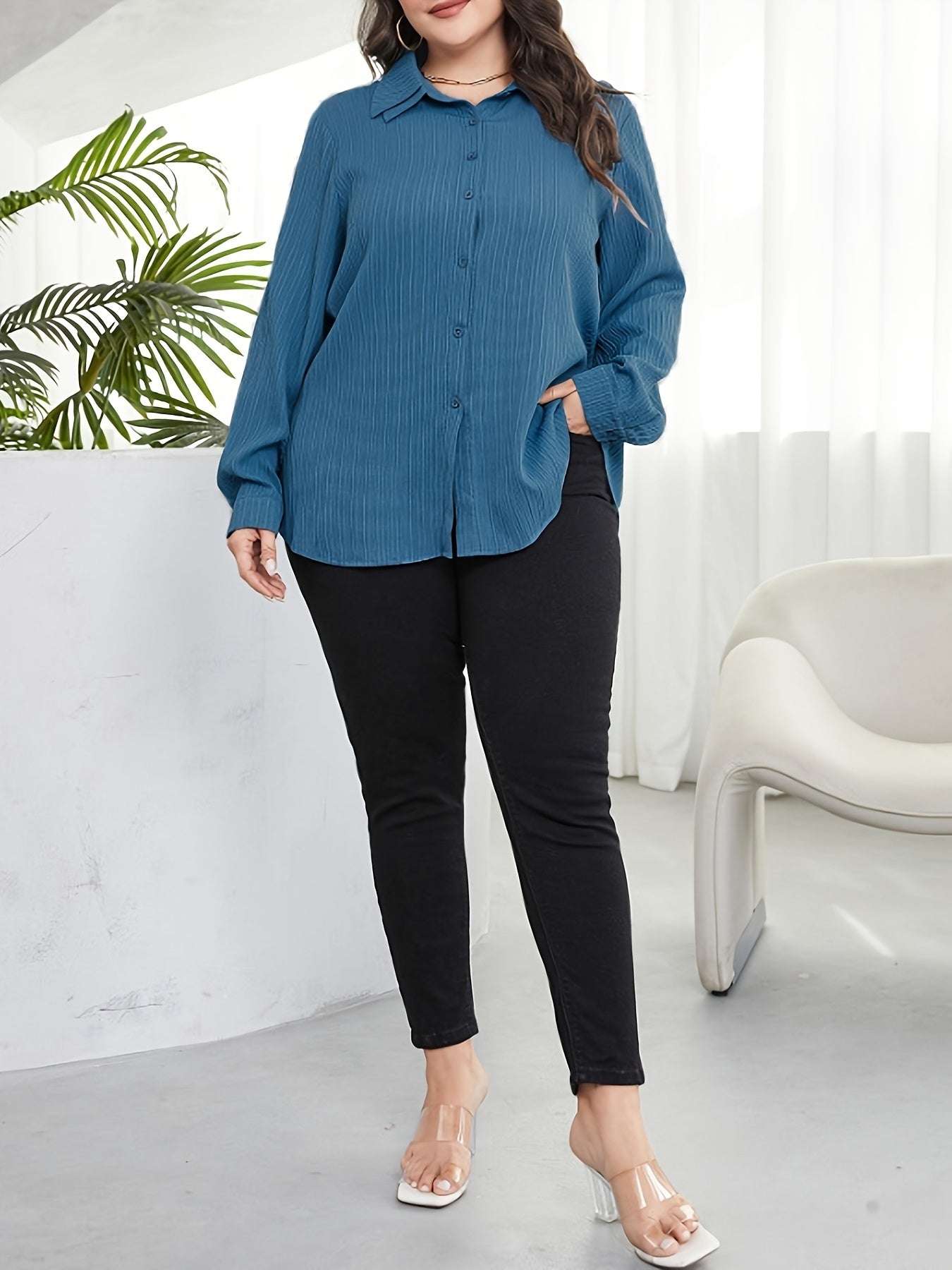  Solid Button Up Long Sleeve Blouse