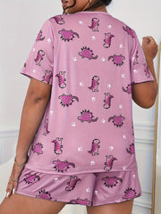  Cartoon Dino Print T-shirt & Shorts Pajama Set