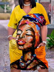 Women's Plus Figure & Butterfly Print Short Sleeve V Neck Tee Dress