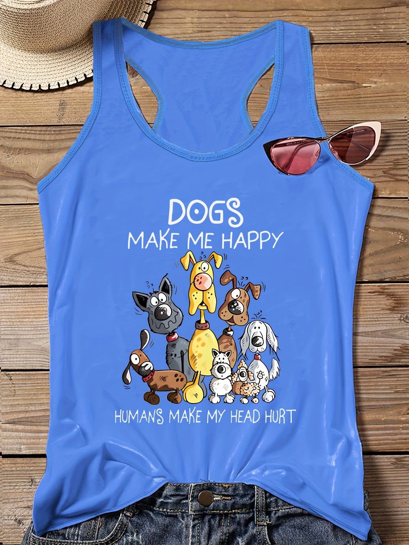  Cartoon Dog Print Round Neck Stretch Vest Top