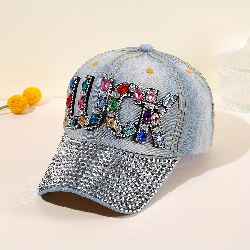 Distressed Denim Dad Hat with Rhinestone LUCK Patch
