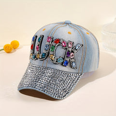 Distressed Denim Dad Hat with Rhinestone LUCK Patch