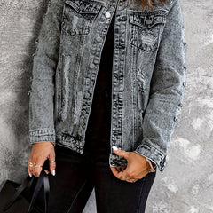  Casual Denim Jacket Women's Washed Ripped Collar Denim Jacket