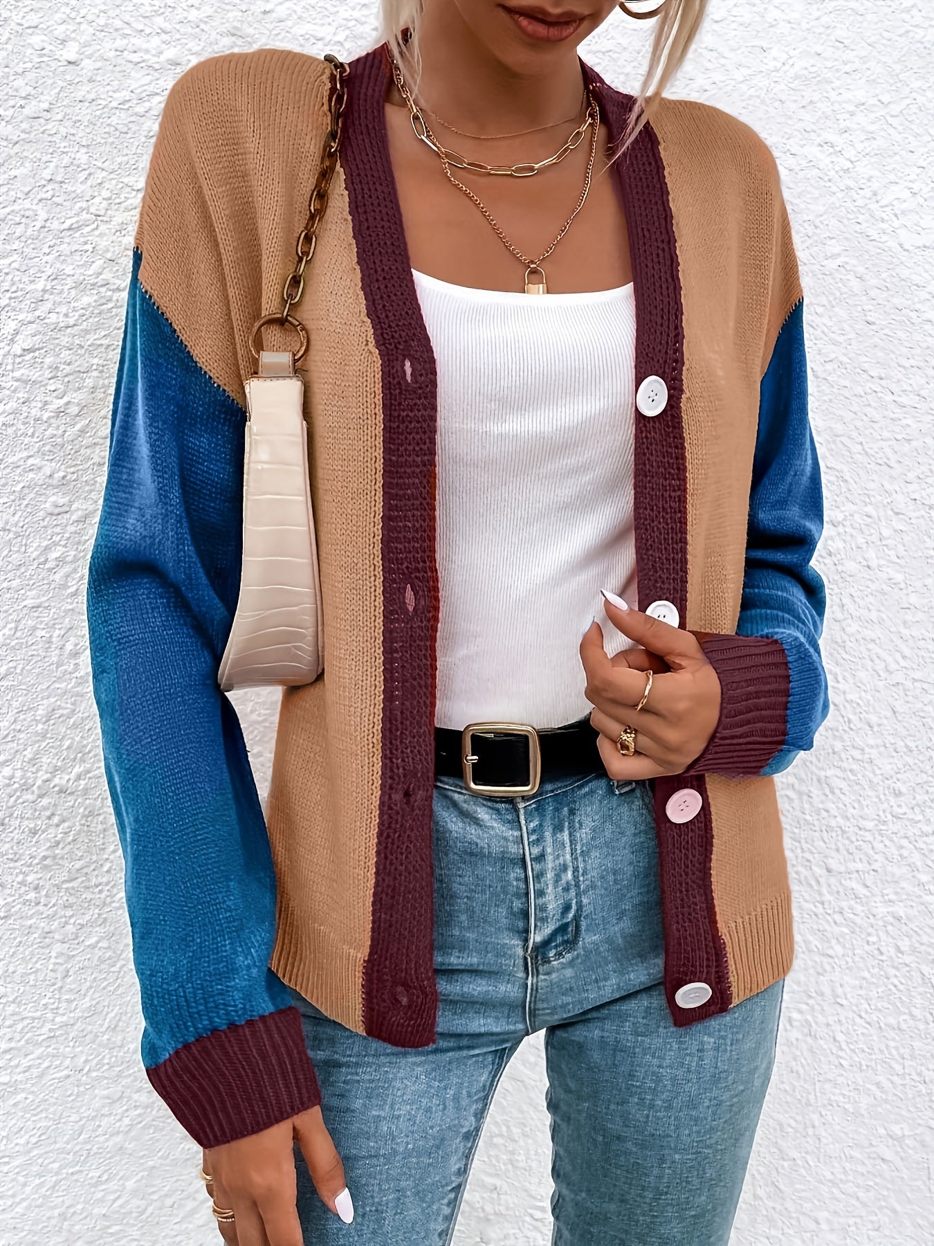  Colorblock Long Sleeve Button Front Sweater Cardigan