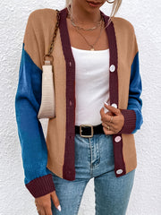  Colorblock Long Sleeve Button Front Sweater Cardigan