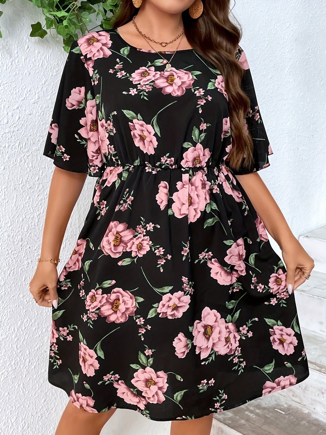 Floral Print Plus Size Short Sleeve Dress