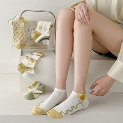 5 Pairs Floral Print Socks & Lightweight Low Cut Ankle Socks Women's Stockings