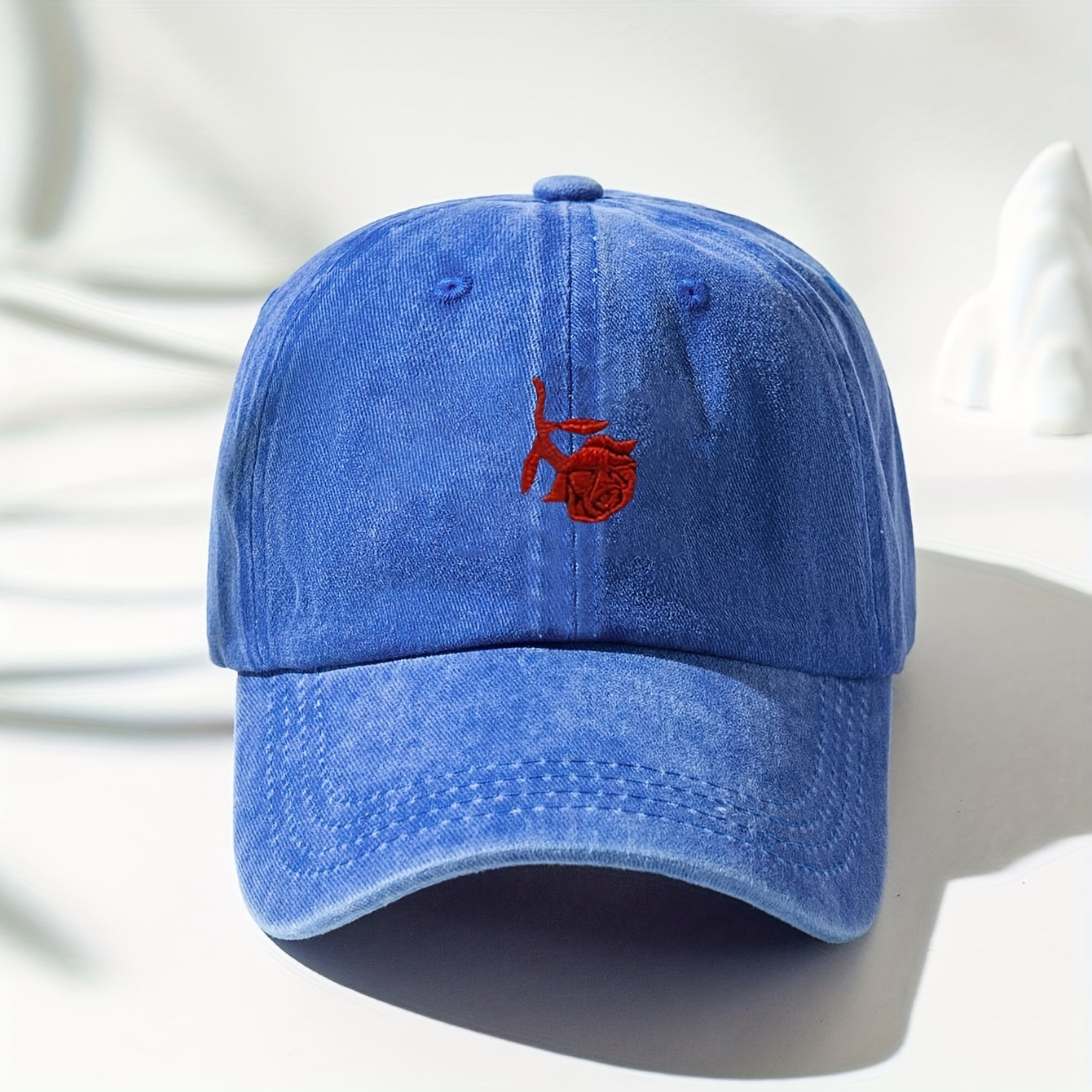 Red Rose Embroidery Baseball Cap Washed Distressed Sports Hat