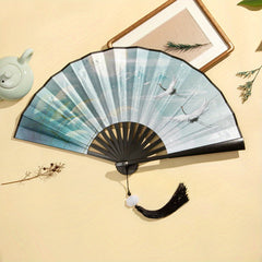 Chinoiserie Style Silk Fan Tassel Ink Painting Ancient Student Folding Fan