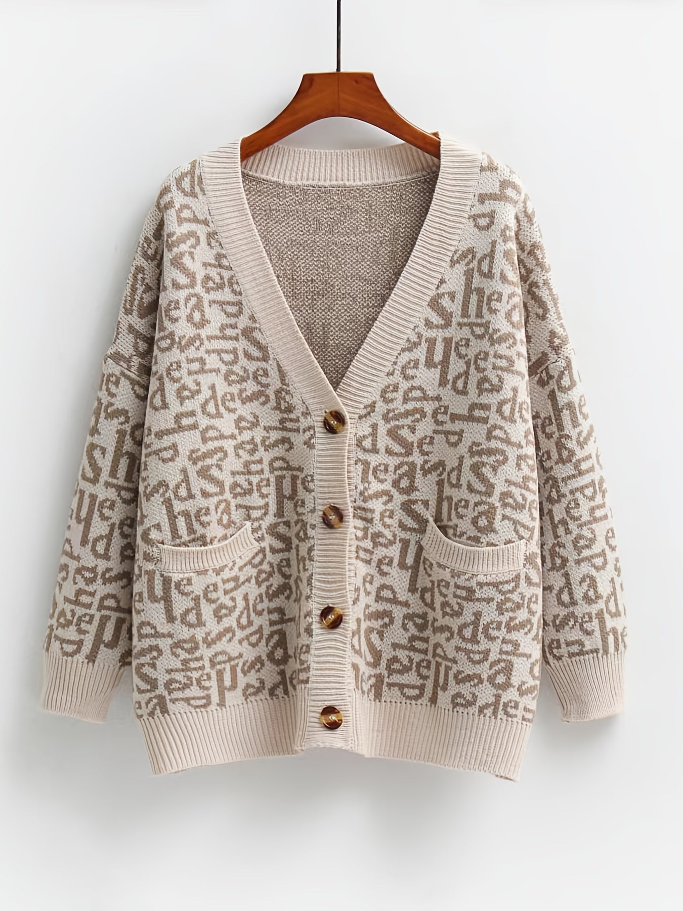  Letter Print Sweater Cardigan With Pockets