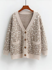  Letter Print Sweater Cardigan With Pockets