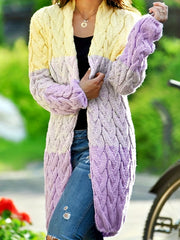  Colorblock Cable Knit Cardigan Open Front Long Sleeve