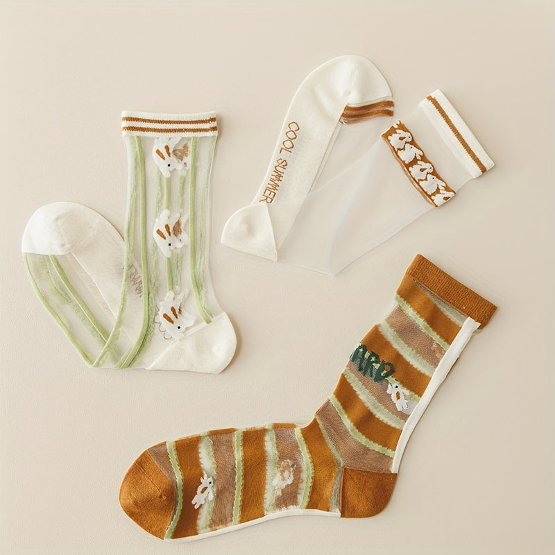 5 Pairs Bunny Print Socks Breathable Mesh Women's Stockings
