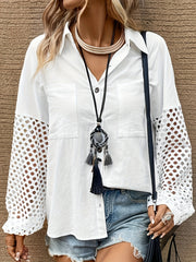  Mesh Hollow Out Button Up Collar Shir