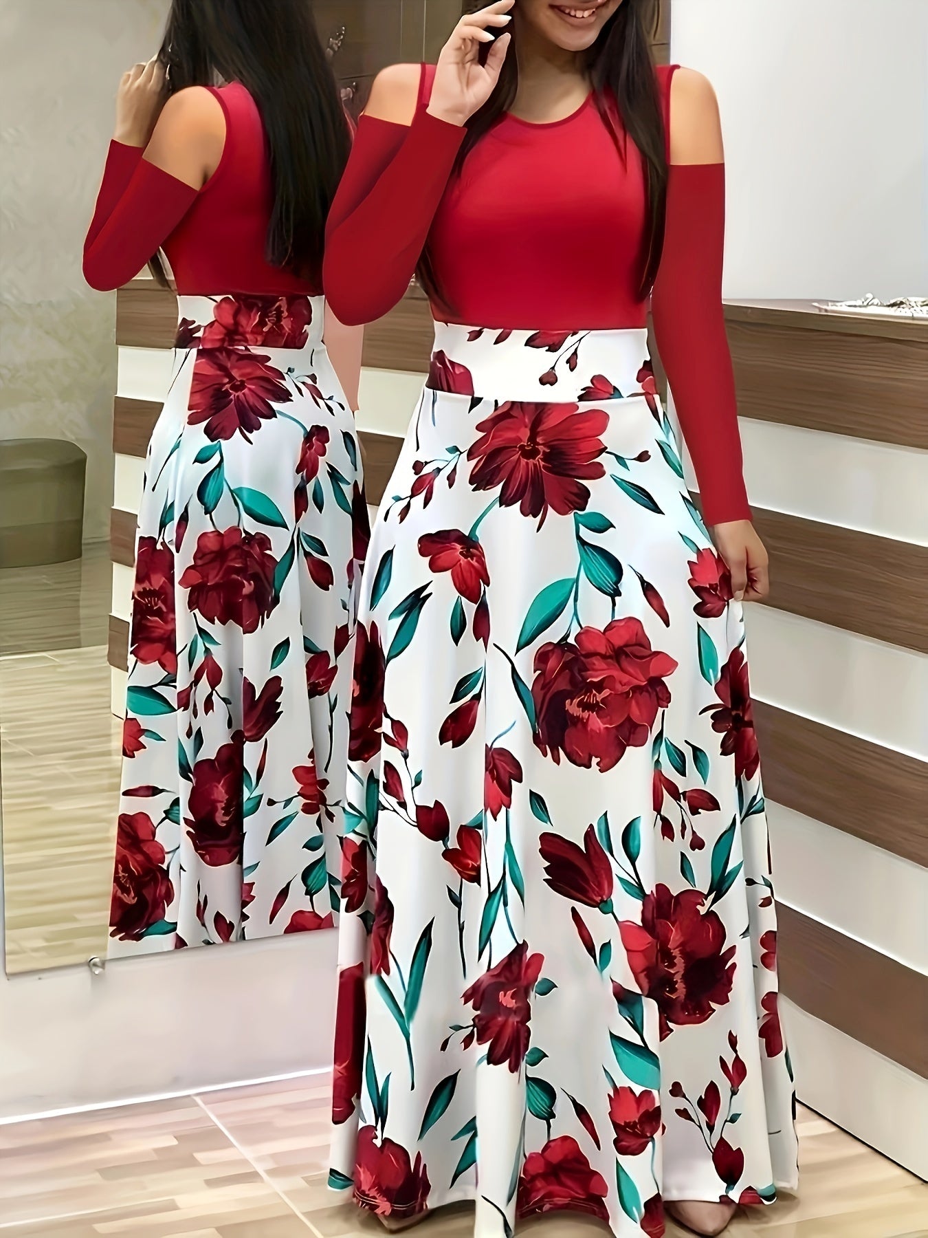  Colorblock Cold Shoulder Maxi Dress