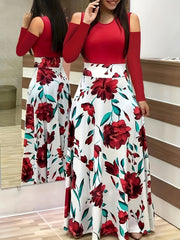  Colorblock Cold Shoulder Maxi Dress