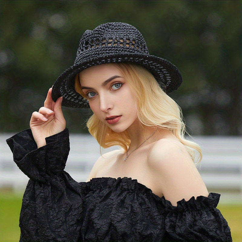 Vintage Summer Straw Hat with Crochet Brim