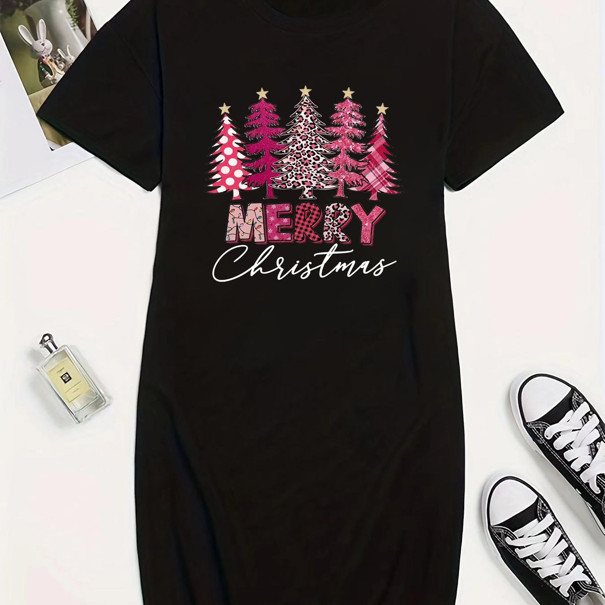  Christmas Casual Dress Women's Plus Tree & Slogan Print Dress