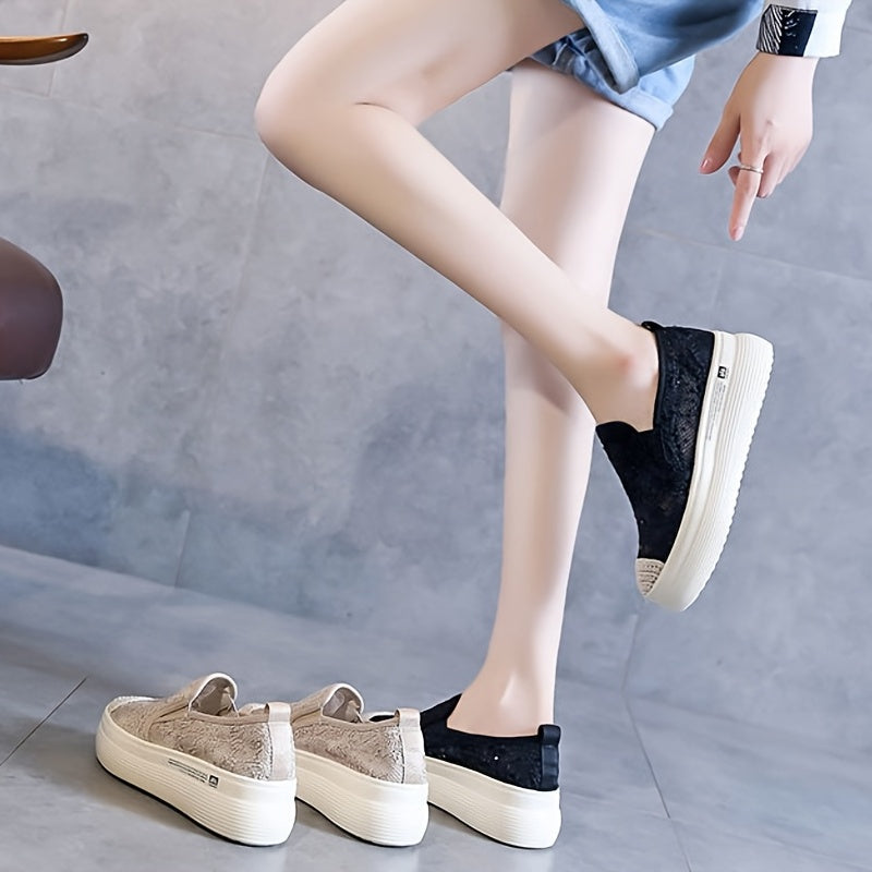 Women's Platform Lace Loafers Round Toe Hollow Out Slip On Shoes