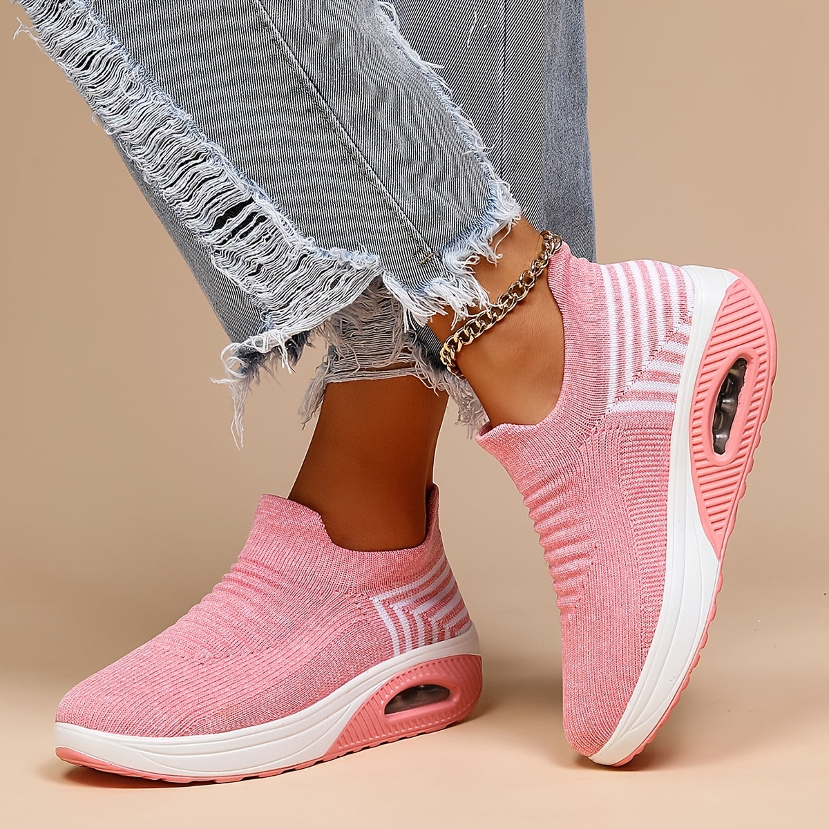 Women's Knit Slip On Sneakers Air Cushion Sole Low Top Sport Shoes