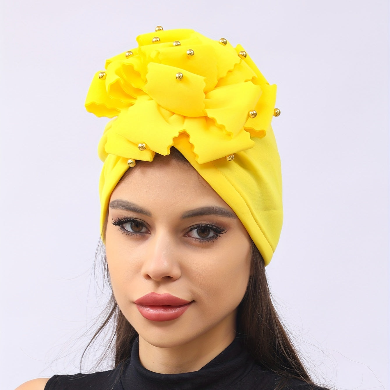 Yellow Flower Turban Cap Casual Head Wrap Breathable Hijab Elastic Chemo Cap