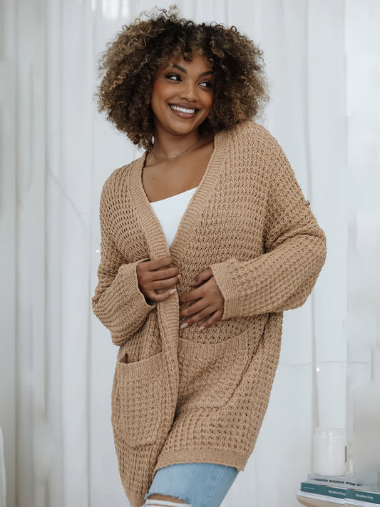  Solid Long Sleeve Open Front Cardigan With Pockets