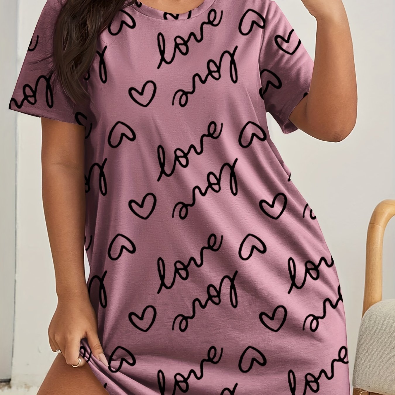  Heart & Letter Print Short Sleeve Sleep Dress