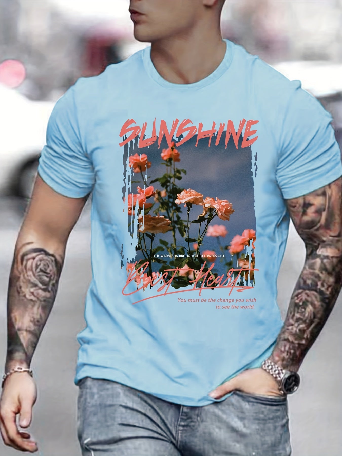 Sunshine Flower Photo Print Men's Graphic Crew Neck T-shirt