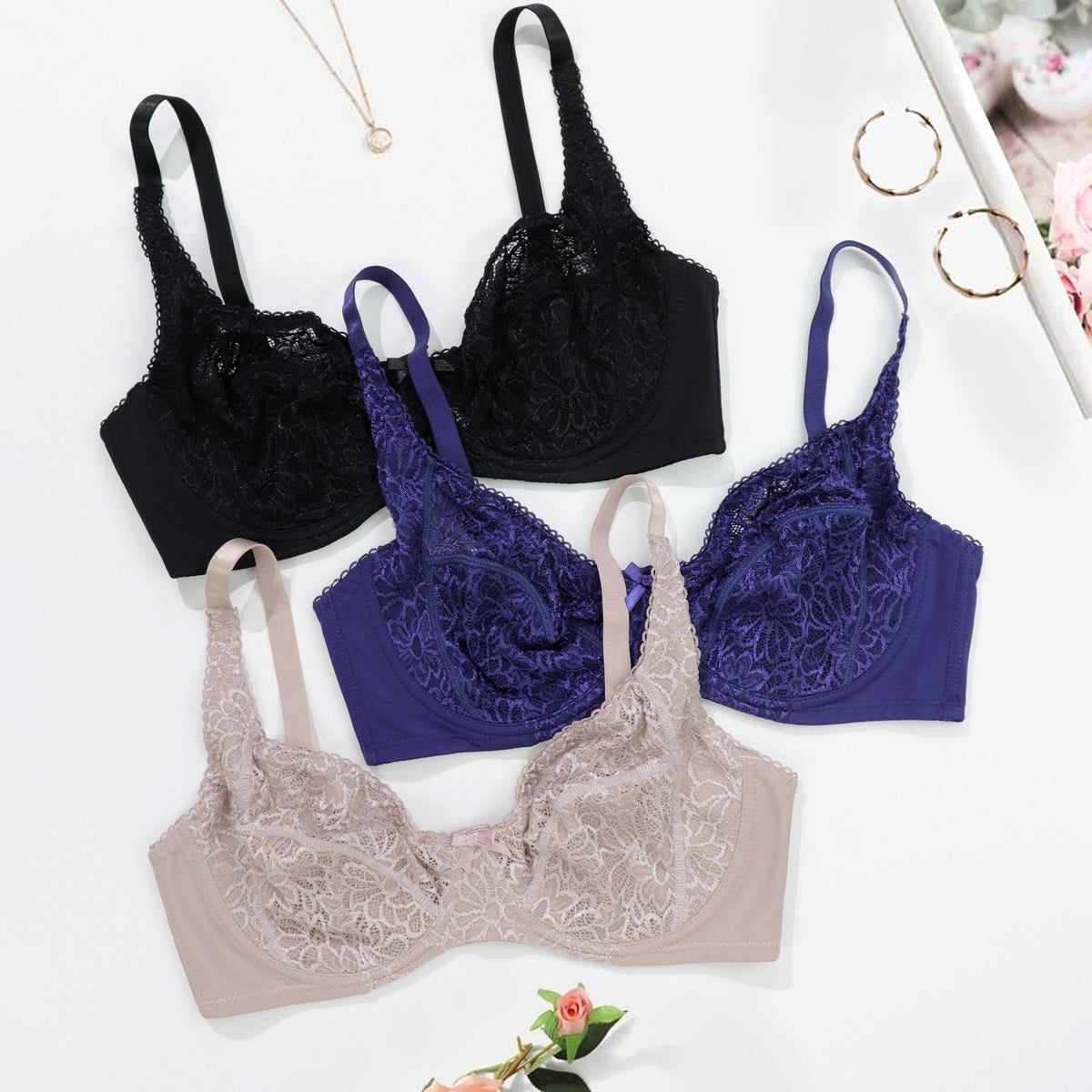 3pcs Lace Unlined Bras Semi-Sheer Intimates Women's Lingerie