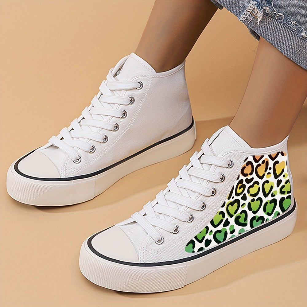 Heart Print Chunky Canvas Sneakers High Top Lace Up Casual Skate Shoes