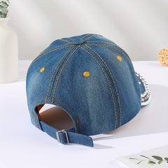 Skull Decor Baseball Cap Denim Distressed Dad Hat Sun Hats For Women