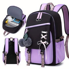 Girl School Backpack With Plush Ball Bag & Letter Pattern Strap