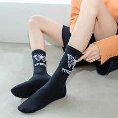 6 Pairs Butterfly Print Mid Tube Socks Women's Stockings