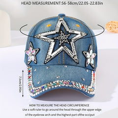 Distressed Denim Baseball Cap with Rhinestone Pentagram Patch