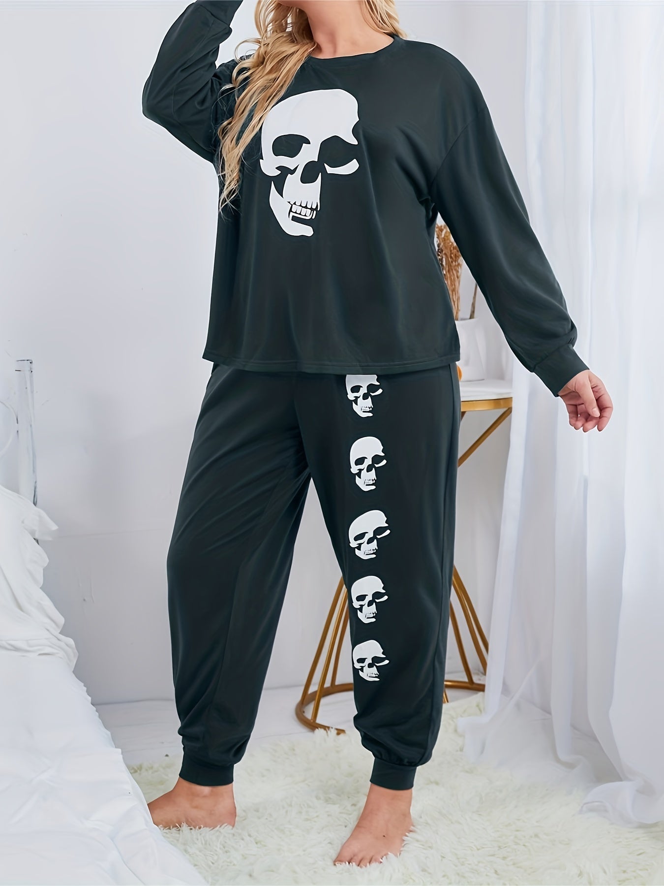  Gothic Pajama Set Skull Print Tee & Joggers Lounge Set